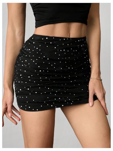 SweatyRocks Women's Sequin Mesh Mini Skirt High Waist Ruched Bodycon Skirts3