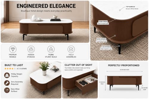 Image of WOODEN SPACE Premium Solo Marble-Top Wooden Center Table for Living Room | Iron Legs | PVD Coating | Modern Entryway Furniture | Coffee Table (Brown, 42x24x18 Inch)