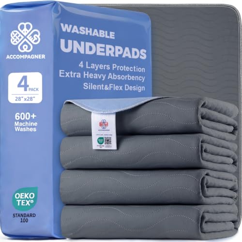Image of Accompagner Incontinence Bed Pads Washable Waterproof Underpads 28 inchx28 inch 4pc | 4-Layer Heavy-Absorbency Reusable Pee Pads for Adults, Kids, Elderly, Dogs, Bedridden, Bedwetting, Nursing, Sofa (Dark Gray)