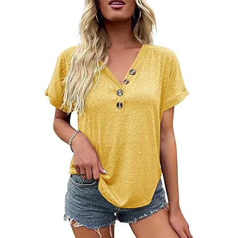 Womens Tops V-Neck Button Casual Tunic Short Sleeve Tees Blouse Henley T Shirt Yellow Cover