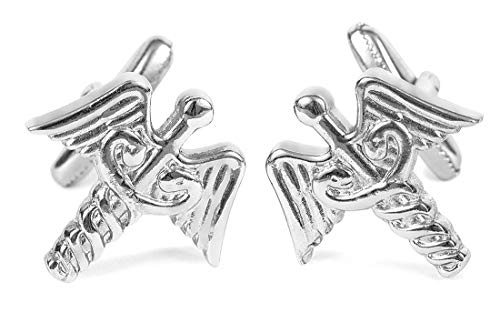 nosologemelos.com - Gemelos para Camisa de Hombre - Modelo Caduceo Médico - Color Plateado - Cierre Basculante - Medidas 22 x 23 mm - Fabricado en Latón y Bañado en Rodio - Sin Níquel Cover
