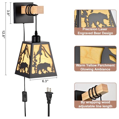 Image of Plug in Wall Light,Bear Metal Rustic Wall Sconces,Parchment Farmhouse Wall Sconces Set of Two,Black Industrial Wall Mounted Light,Wall Lamps for Bedroom,Living Room,Bedside,Indoor,Bathroom