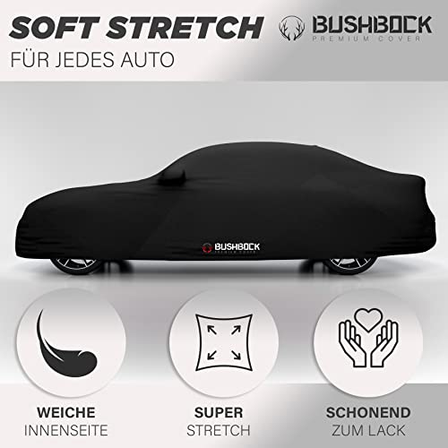 BUSHBOCK® Premium Autoabdeckung Indoor - Satin Schutzhülle Stoff - Abdeckplane Autoplane Autogarage Innenbereich - 2 Farben, 4 Größen (Schwarz, M)
