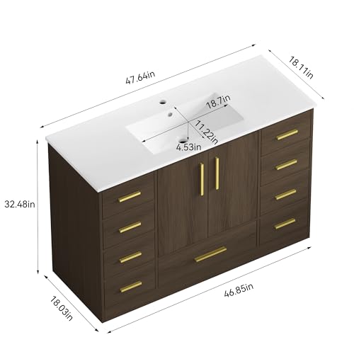 KEIKI 48" Bathroom Vanity w/Sink, Modern Bathroom Cabinet, 2 Soft-Close Doors, 9 Spacious Drawers, Center Cabinet for Tall Items, Wide Countertop, Family-Friendly Bathroom Furniture, Dark Brown by KEIKI - Image 2