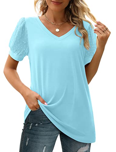 Image of Aokosor Womens Summer Tops V Neck T Shirts Swiss Dot Puff Sleeve Tops Loose Casual Tshirts