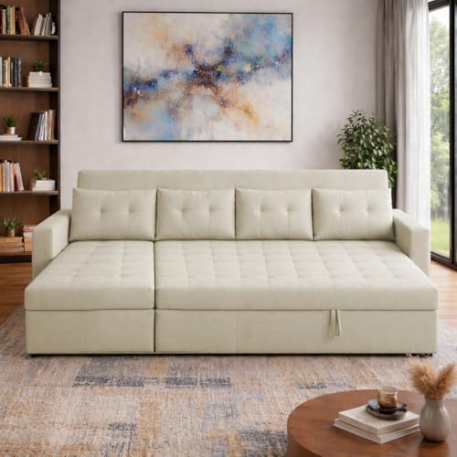Image of Emilio 6 Seater LHS L - Shape Pull-Out Sofa Cum Bed Sofa for Living Room (Cream Fabric Color) Premium Fabric Sofa Set for Living Room Sofa Cum Bed