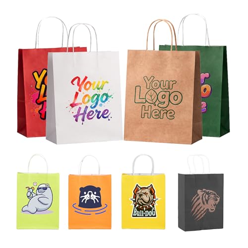 Custom Kraft Paper Bags with Logo - 30/50/100 Pcs Versatile Customized Bags with Logo Ideal for Party Christmas Gifts Celebrations Shopping & Storage Personalized Gift Bags