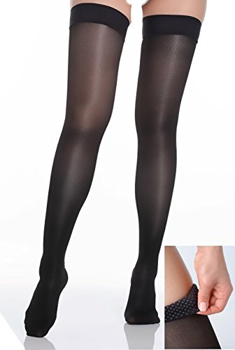 BriteLeafs Sheer Compression Stockings Thigh High 20-30 mmHg, Firm Support, Stay-Up Silicone Band, Closed Toe (Medium, Black)