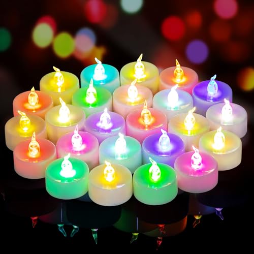 Yakpo 24 Stück bunte LED-Teelichter, langsam wechselnde Farben, batteriebetrieben, flammenlose, flackernde, farbige elektrische Teelichter bunt, für Weihnachts, Geburtstags und Halloween Dekorationen