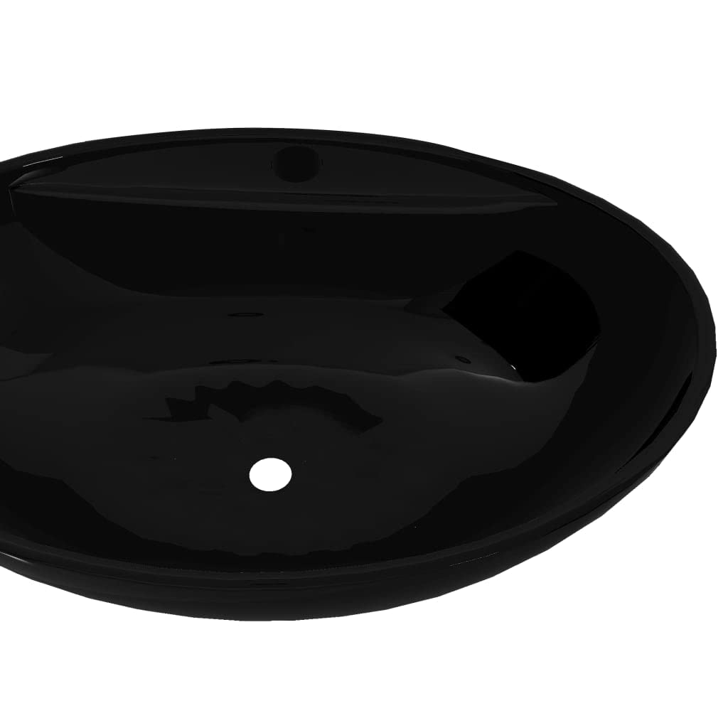 vidaXL Lavabo Ovalado con Agujero Desague Cerámica Negro Brillante Lavamanos