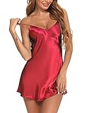 Litherday Negligee Damen Sexy Babydoll Kurz Satin Nachthemd Frau Sleepwear V-Ausschnitt Nachtkleid Sommer Nachtwäsche mit Verstellbare Träger, Rot, XXL