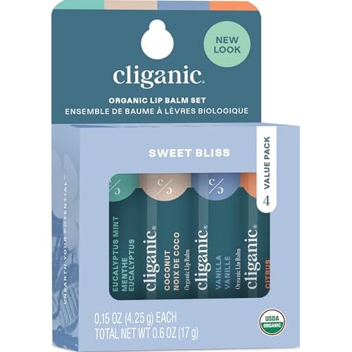 Cliganic Organic Lip Balm Set – 4 Flavors – Natural Hydrating for Cracked & Dry Lips