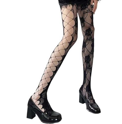 Halloween Women’s High Waist Tights Fishnet Tights,Stretchy Lace Leggings,Hollow on both Sides Black Rose Fishnet Stockings for Women