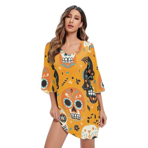 Robe Funny Sugar Skulls en mousseline orange fluide pour masquer les rondeurs