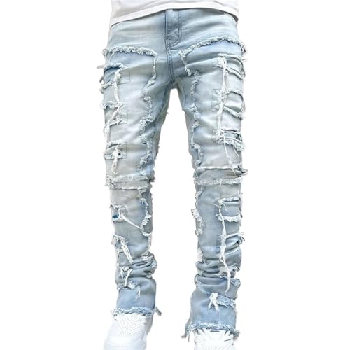 Mens Stacked Jeans Slim Fit Ripped Destroyed Straight Leg Denim Pants for Harajuku or Hip Hop Streetwear - Main Image