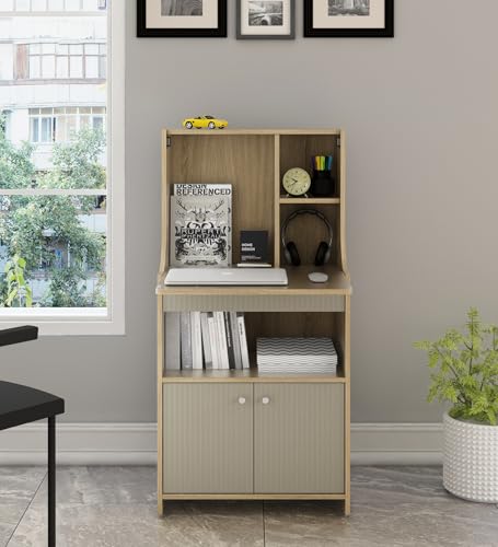 Image of Spacewood Study Table | 3 Year Warranty | Oliver |Study Desk with Storage, Study Table, Table with 3 Shelves and 1 Drawer Storage | Engineered Wood | Santana Oak & Modern Ash