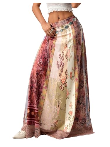 GORGLITTER Women's Floral Patchwork Boho Maxi Skirt High Waisted Lace A Line Renaissance Skirts