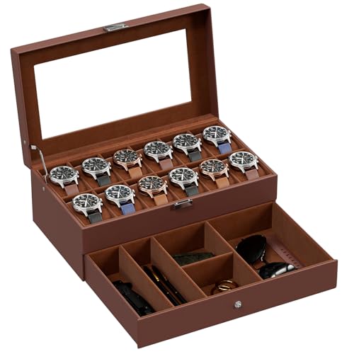 ProCase Boite a Montre à 2 Niveaux, 12 Emplacements avec Coussins pour Montres, 2ème Compartiment pour des Petits Bijoux Accessoire, avec Couvercle en Verre -Marron