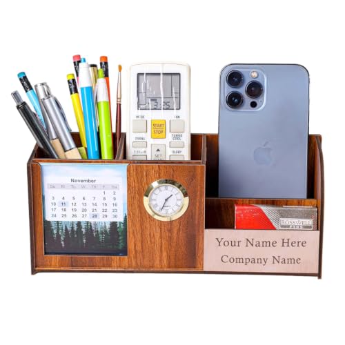 Image of Deskart Personalized Pen Holder Stand with Clock, Two Years Calendar, Business Visiting Card & Mobile Holder | Multipurpose Desk Organizer with Name Engraving for Office Desk and Gifting