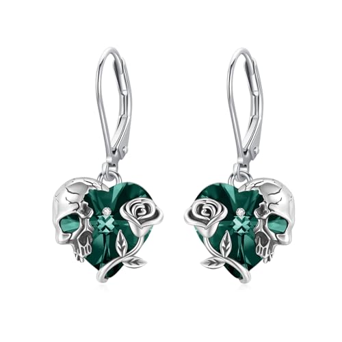 S925 Sterling Silver Skull Earrings Heart Crystal May Birthstone Dangle Drop Earrings Skeleton Leverback Earrings Hypoallergenic Gothic Skull Jewelry for Women Halloween Gifts