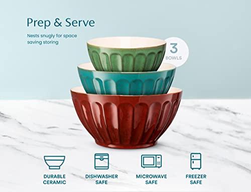 Kook Nesting Serving & Mixing Bowls, Ceramic Kitchen Bowls, For Salads, Fruit, Popcorn, Microwave And Dishwasher Safe, Red/Blue/Green, 1/2/4 Qt, Set Of 3 #TOP4