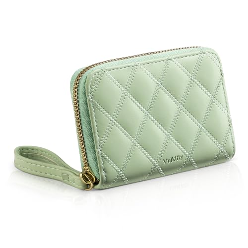 Vulkitty RFID Credit Card Holder Womens Card Case Compact Zipper Wallet, Leather, Quilted Pattern, Pale Green