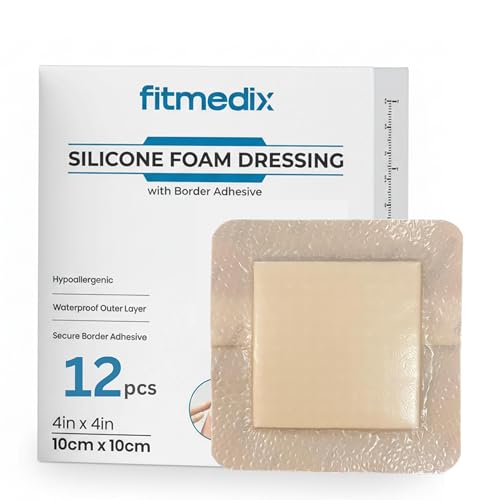 Image of FitMedix Silicone Foam Dressing 4x4 Inch (10x10cm) – 12 Pack, Waterproof Adhesive Silicone Wound Dressing Pads, Hypoallergenic Foam Dressing for Wound Care, Pressure Ulcers, Bed Sores