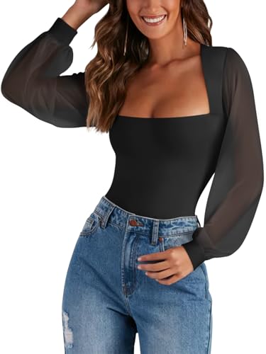 Image of PINKMSTYLE Women's Square Neck Double Lined Mesh Long Sleeve Bodysuits | Sheer Puff Sleeve Body Suit,Slim fit Trendy Going Out Tops,Concert Outfit