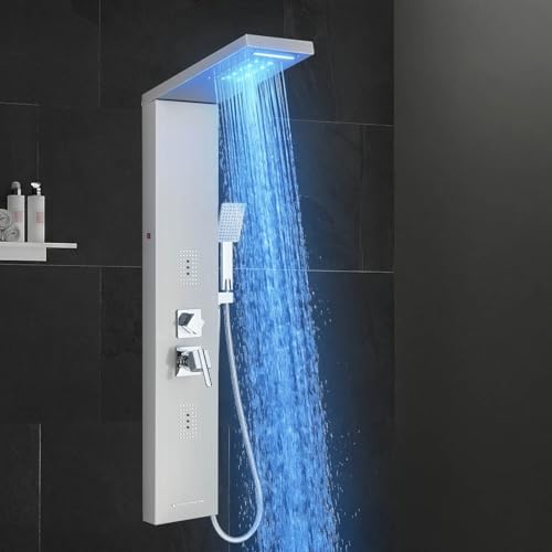 Bath Panel Shower Mixer with Shower Head and Hose Shower Panel Tower System Column Rail with Rainfall Waterfall Body Jets Tub Spout and Handheld Shower Panel Column Tower Brushed Nickel