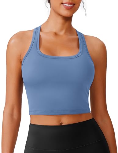 Image of PINSPARK Sports Bra Longline Racerback Tank Tops for Women Padded Workout Yoga Top