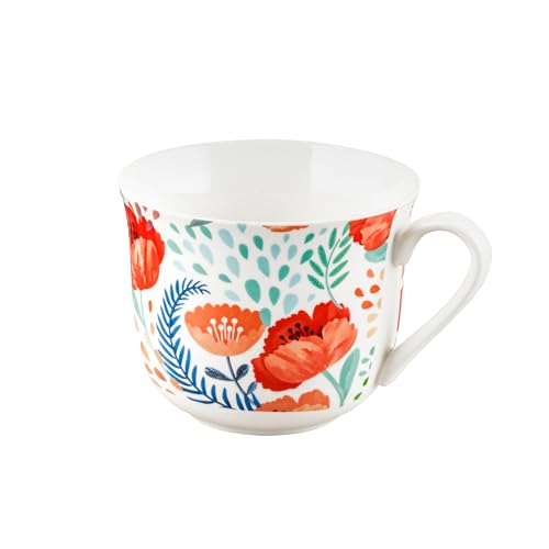 Baroni Home Tazza in Porcellana Decorata, Fantasia Papaveri, Tazza da Cappuccino, Cioccolata Calda, Tisana, Set da 1 pezzo, 14x11x10 cm