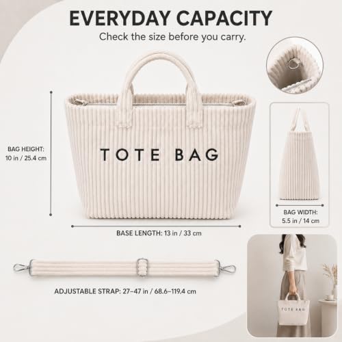 Image of Kawn Korean Tote Bag Aesthetic Corduroy Canvas Handbag for Women Zipper Casual Large Capacity Shoulder Bag with Pockets Versatile Everyday use for College Work Travel & Shopping