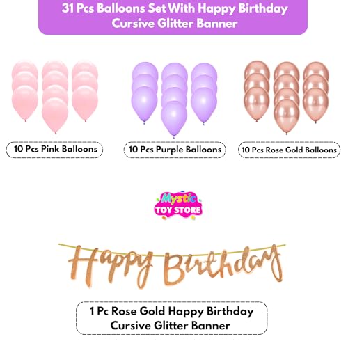 Image of Happy Birthday Decoration Kit for Baby Teenage Girls Men Women Adults Home Table Year With 30 Pc Pink Purple Rose Gold Balloons 1 Pc Rose Gold Happy Birthday Cursive Banner Items Set Combo