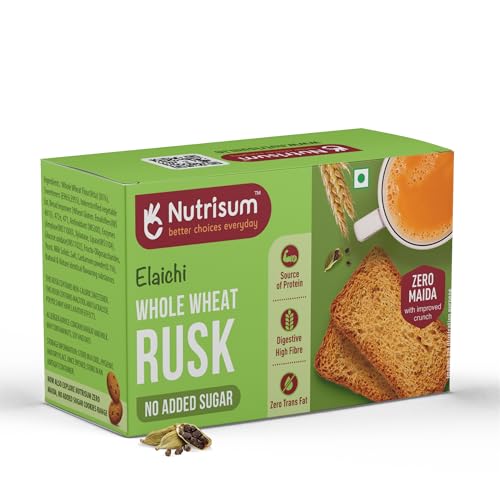 Image of Nutrisum Whole Wheat Rusk | No Maida, No Added Sugar | High Fiber Atta Toast | Crispy Elaichi(Cardamom) Tea Toast | Healthy Rusk for Breakfast & Chai Snack | 90g (Pack of 1)