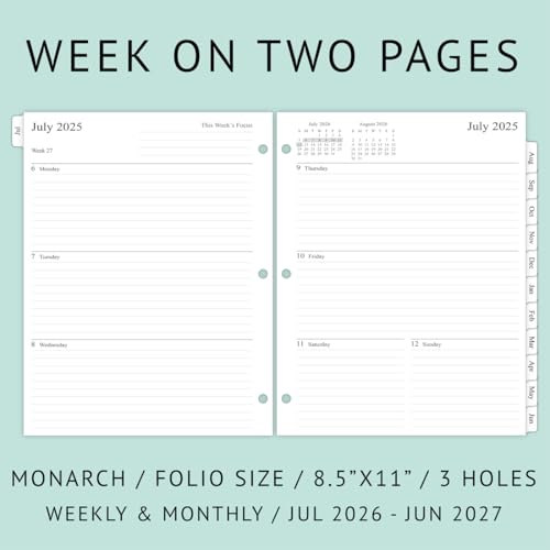 newestor 2026-2027 Weekly Planner Refills for 3-Ring Binder with Monthly Tabs, Jul 2026 - Jun 2027, 8-1/2" x 11", Folio Size 5 / Monarch