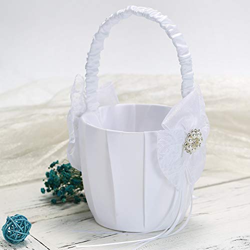 Baugger - Cesta de florista de casamento Cesta de cetim branca de marfim Cesta de casamento