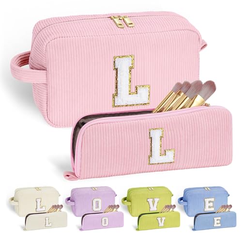 YOOLIFE 3 Pcs Initial Jute Tote Bag & 2 Pcs Initial Makeup Bag Personalized Gifts for Women Teen Girls3