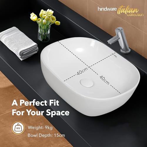 Image of Hindware Italian Collection Amazon Mini Table Top Wash Basin for Bathroom | Made of Ceramic | Star White | Square Shape | Over the Counter Basin