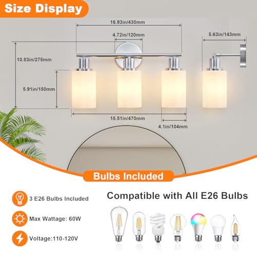 Image of DLLT 3-Light Bathroom Light Fixtures: Chrome Modern Vanity Lights with E26 Bulbs - Milky White Glass Shade Bathroom Wall Lamp for Mirror Kitchen Living Room Hallway Cabinet Porch