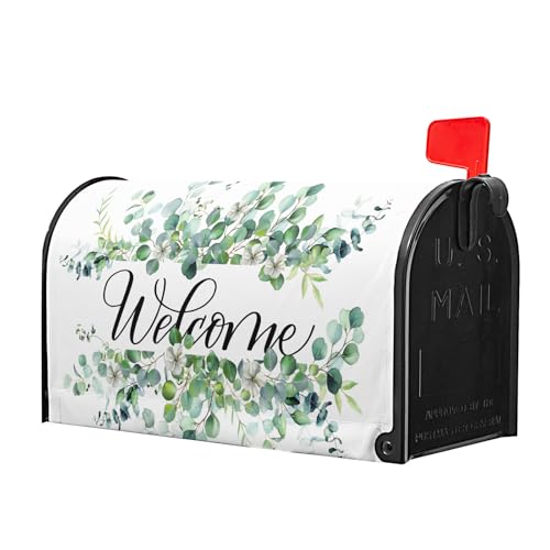 Image of Welcome Spring Summer Mailbox Covers Magnetic- Standard Size 21x18 Inch- Sage Green Eucalyptus Leaves Wreath Mailbox Wrap Letter Post Cover Decoration for Yard Garden Outdoor Home