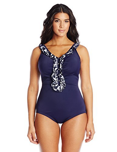 Maxine Of Hollywood Women's Plus Size Ruffle Front Girl Leg One Piece Swimsuit