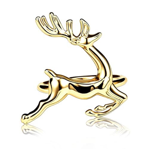 Image of Legigo Set of 6 Christmas Deer Napkin Rings Set- Gold Deer Xmas Napkin Ring Holders for Cloth Napkins, Christmas Holiday Party Dinner Table Decoration