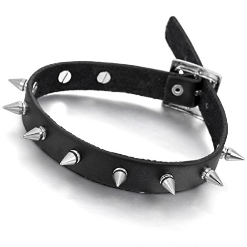 MunkiMix Aleación Genuina Cuero Collar Gargantilla Negro El Tono De Plata Cono Remaches Ajustable Punk Roca