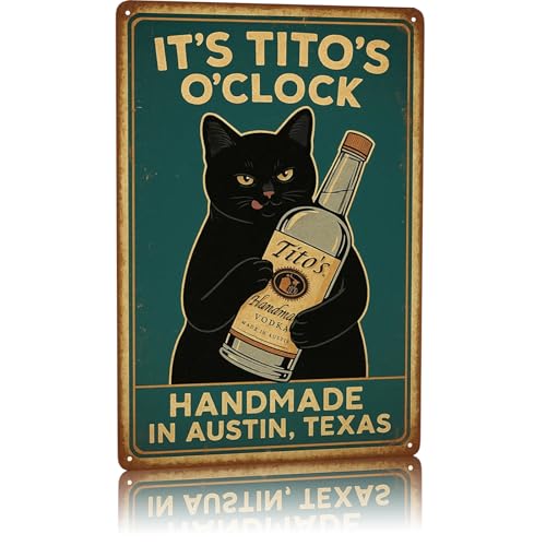 Funny Bar Signs IT'S TITO'S O'CLOCK Black Cat Poster Man Cave Sign Vintage Bar Sign Bar Wall Decor 12" * 8" funny signs for man cave decor college apartment posters for men alcohol gifts cool stuff for your room