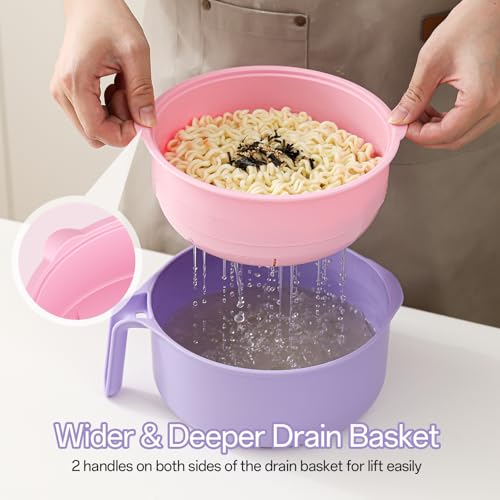 Image of MEACOLIA 50 oz Ramen Bowl Set, Microwave Noodle Pasta Cooker with Lid and Strainer, Microwave Steamer for Vegetables, for Office, College, Dorm, Gift (Pink)