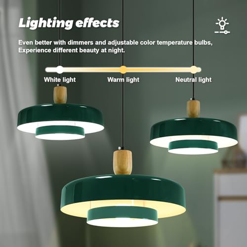 Image of Mid-Century Pendant Light Kitchen Island Chandelier Light Fixture Vintage Small Ceiling Light with 2-Tiers Metal Shade for Dining Room Living Room (Green, 2 Pack)