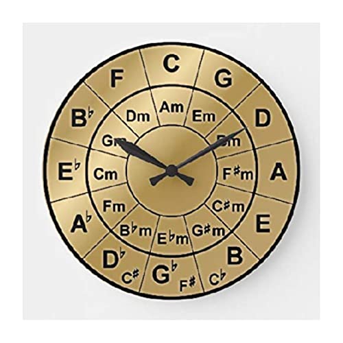 Metallic Gold Circle of Fifths Chord Wheel Wall Clock Modern Simple Wood Clock 10 Inch Silent Non-Ticking Wooden Wall Clocks Battery Operated Living Room Bedroom Kitchen Farmhouse Decor Christmas