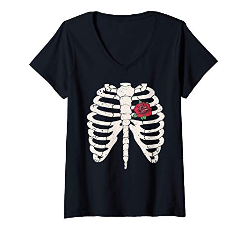 Mujer Skeleton Rib Cage Red Rose Heart Vintage Halloween Goth Cute Camiseta Cuello V