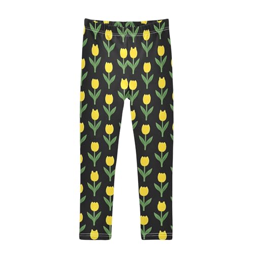 ALAZA Girls' Leggings Children's Yoga Pants Skinny Printed Dance Yellow Tulip Black Comfortable 4T