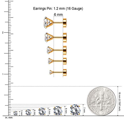 JewelrieShop Cartilage Tragus Earring Stainless Steel Stud Piercing Earring Flat Back Earrings Stud Flatback Screw Back Earrings for Women Men (16G, 6mm Bar Length, 3mm-7mm CZ, 5 Pairs)3